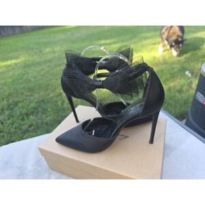 Elisabeth Lang Black Satin Stiletto High Heel Removable Tulle Bow Size 9.5 NWB